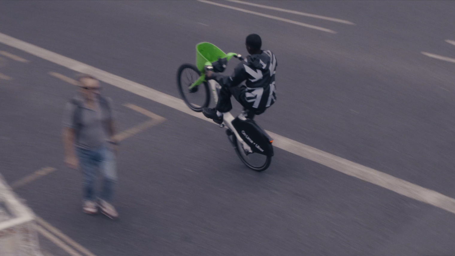 Overhead, one wheel up